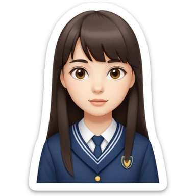 Attractive female student with long straight dark brown hair with bangs, beautiful school uniform, subtle makeup sticker