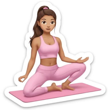 A tanned girl with long brunette hair in her 20’s doing Pilates wearing a ALO baby pink workout set  sticker