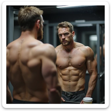 realistic male bodybuilder in definition phase, shirtless in front of mirror, observing reflection with frustrated expression, less full muscles, visible veins, gym with soft lighting, protein shaker on bench sticker