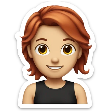 dark red hair girl, with a black tshirt, medium size eyes and a smile sticker