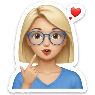 Asthectic Blonde women with brown eyes, blue glasses, waering a brown top, blowing a kiss with a small heart around her. sticker