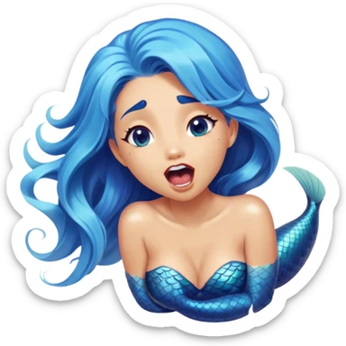 Cinematic Realistic Blue Hair Mermaid Portrait, head tilted slightly with a dramatic, wide-open yawn, revealing a tender, relaxed visage with intricately detailed, tanned skin and vibrant, cascading blue hair softly billowing around her. Her dreamy eyes exude a serene, aquatic charm, rendered with gentle underwater lighting and a soft, high-shine finish that captures the essence of a drowsy yet captivating mermaid drifting into tropical slumber. sticker