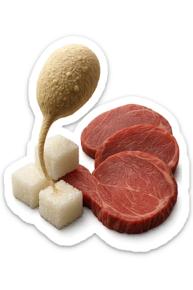 un batterio della candida si nutre di zollette di zuccheri e fettine di carne, IPERREALISTICO 4K sticker