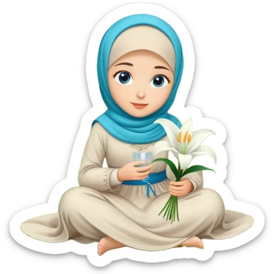 Turkish beautiful finish Konya girl blue eyes with lily flower hijab long tail dress and sits on the grass on the ground and hold lily flower on hand  sticker