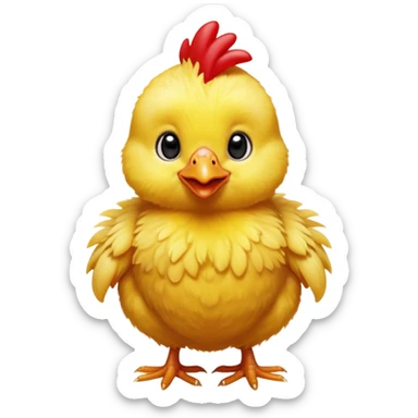Cinematic Cute Yellow Baby Chicken Portrait Emoji, Head tilted playfully and inquisitively, featuring a fluffy, vibrant yellow downy coat with a tiny red comb, round, sparkling beady eyes filled with curiosity, Simplified yet irresistibly adorable features, highly detailed, glowing with a warm, friendly glow, high shine, affectionate and lively, stylized with a touch of playful whimsy, bright and endearing, soft glowing outline, capturing the essence of a mischievous yet loving chick, so playful it feels like it could peep out of the screen and into your arms! sticker