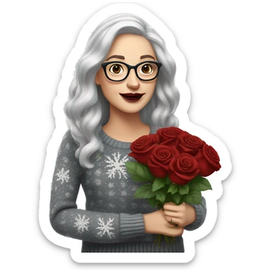 Attractive Caucasian woman with long grey hair, wearing wire frame glasses, dark red lipstick, and a christmas sweater, holding a bouquet of roses sticker