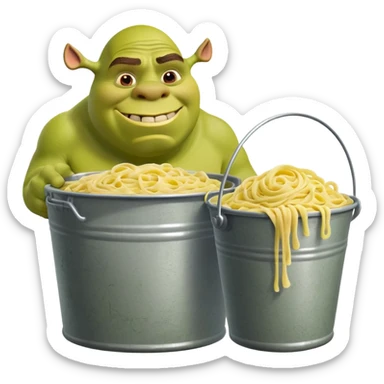 Shrek the green ogre holding a huge oversized bucket overflowing with carbonara pasta sticker