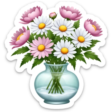 A bouquet of daisies of the color Wild Rose in a glass vase of the color Frosty Peony  sticker