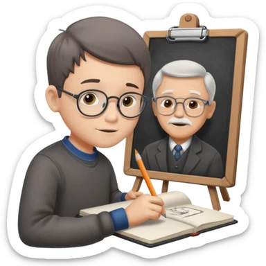 boy ,drawing pic of grandpa on the notebook, characoal sticker