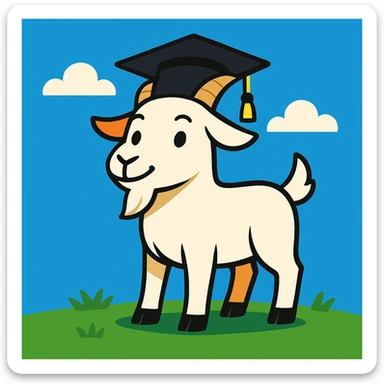 cute white goat with black graduation cap, standing on green grass under bright blue sky, proud and confident expression, cartoon style sticker