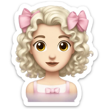 pale skin curly black hair brown eyes pink bow sticker