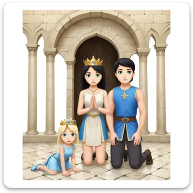 King, standing, black Hair, blue eyes, female servant, blonde, green eyes, shott white sleveless dress, kneeling, background palace sticker