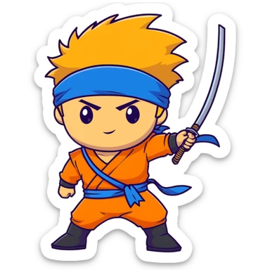 A blonde ninja boy with spiky hair, whisker marks on cheeks, orange outfit, and blue headband with metal plate sticker