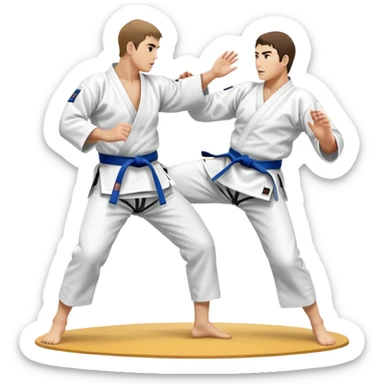 Two judo practitioners in traditional gi, one executing a powerful throw while the other is countering with a defensive move. The background features a judo mat and a focused dojo atmosphere. Transparent background highlights the precision and technique of judo. sticker