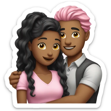 make a guy and a girl, they are hugging, the girl has pink long wavy hair. The guy has black hair and light skin sticker