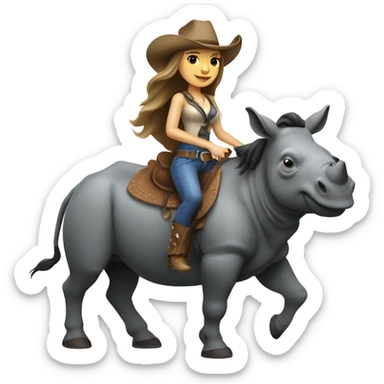 Caucausian woman with long hair with a cowboy hat and she’s riding a rhinoceros sticker