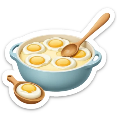 A carton of eggs, butter and a cream ceramic baking bowl with a wooden spoon in it sticker