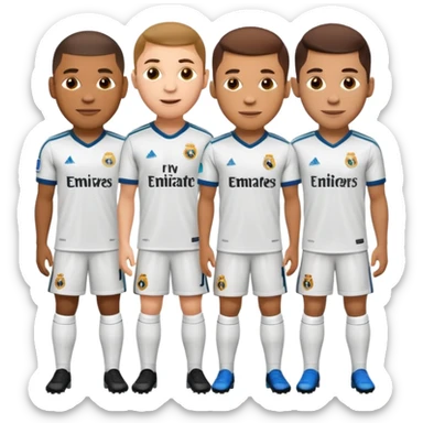 apple style emoji of Real Madrid and Barcelona football players including famous players like Mbappe, Ronaldo, Neymar, and Messi standing together saying funny phrases emphasizing team spirit and rivalry sticker