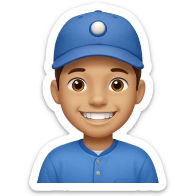 smiling schoolboy with large front teeth and a baseball cap sticker