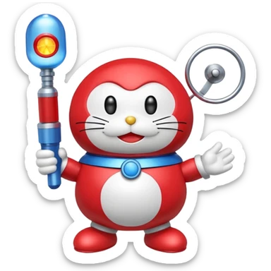 Red mad doraemon plush holding a nuke button sticker