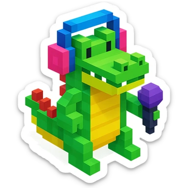 crocodile with headphones holding a microphone, isometric view, voxel style sticker