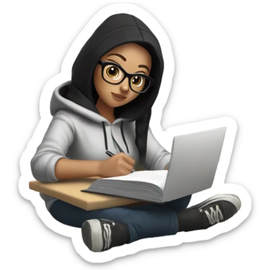 a white girl with black hair in a hoodie and glasses sitting at kitchen table studying sticker