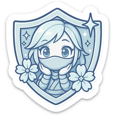 Change the badge color to platinum (light blue/white metallic) for the Platinum rank, keeping the same design of a chibi ninja girl with sakura flowers and sparkly effects, maintaining the badge shape. The image should have a transparent background and be sized for Twitch or Discord use. sticker