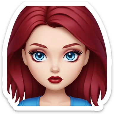 bratz baddie, dark red hair, blue eyes, makeup sticker