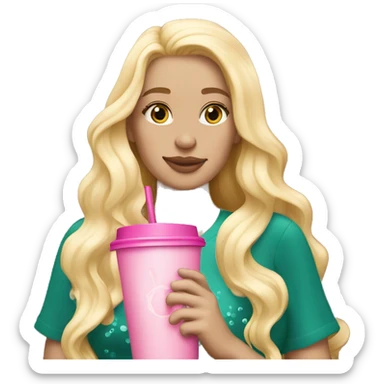 blonde mermaid drinking pink starbucks wearing a pink bow in long wavy blonde hair sticker