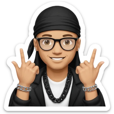 lightskin man with a black durag,a cuban link chain,glasses, and smiling flexing grills with crossed arms but with one arm up and pinky finger touching grills  sticker