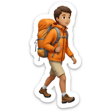 Person hiking through mountains, wearing orange jacket, carrying backpack, scenic landscape sticker