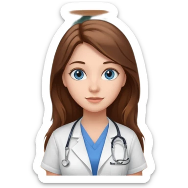 university classroom that says nursing school on the blackboard with a pretty female nursing student with long brown hair, blue eyes sticker