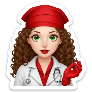 Spanish sexy evil woman. She has green eyes.  had brown long curly hair.  evil surgeon kills with needle wears red sexy doctor coat with red bandana on her mouth and nose to hide and wearing red gloves.  sticker