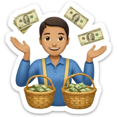 baskets, some overflowing with money, others with colombian arepas in the background a very happy person ridiculously throwing money around sticker