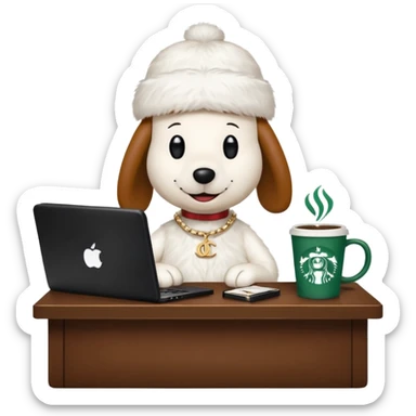 snoopy in a desk with starbucks and his chanel purse sticker
