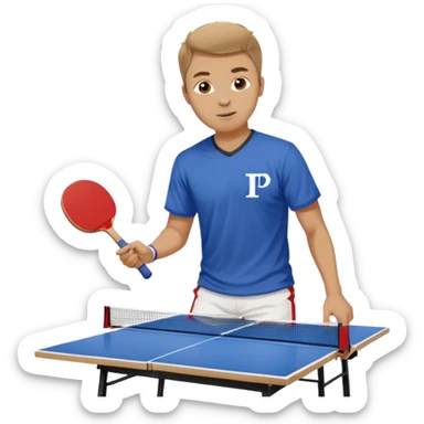 Guy playing ping pong on a 4x8 wooden table no net and only one paddle wearing a frat shirt with the letters beta theta pi on the front  sticker