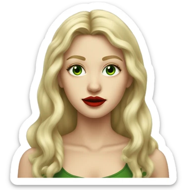 A tall, long-haired blonde girl with green painted eyes, red lips, in the style of old many sticker