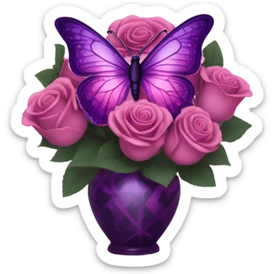 Aesthetic butterfly with purple and pink wings sitting on a dark purple bouquet of Roses in a pastel pink vase sticker