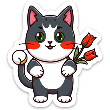 tricolor fluffy cat with big green eyes holding red tulips in her arms sticker