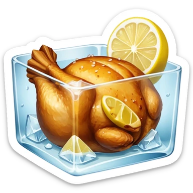 a baked chicken dish with lemon wedges in a large ice cube sticker