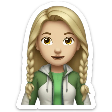 Girl with tied hair and blue eyes, white shoes, green jacket and jeans sticker