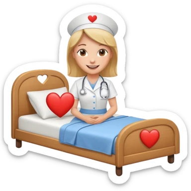 a warm Apple emoji style nurse with a heart next to a bed icon sticker