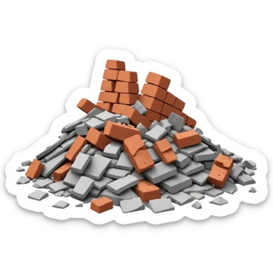 3D iPhone style emoji of a pile of bricks, roof pieces, and wall rubble, scattered and broken, isolated on white background, soft shadows, high detail, playful and cute sticker