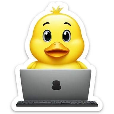 Cute yellow duck  behind computer writing code sticker
