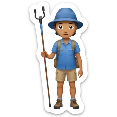 a full-body hiker with a hat blue shirt and hiking stick.hiking a mountain sticker