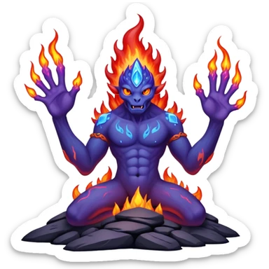 a mystical fast lava creature without arms with molten lava on its head and some rocky shoulders, fire crystals, blue flames, fire legs, no background, purple flames, mystical eyes, 8 arms, calm eyes, psychic powers sticker
