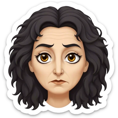Mirri Maz Duur is a weathered, age 50 woman with deep-set dark eyes, high cheekbones, and a sharp nose, giving her a stern, knowing expression. Her long, unkempt dark frizzy hair  falls loosely over her shoulders sticker