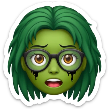 crie um emoji de zumbi feminino, com pele verde, óculos preto e cabelo longo preto sticker