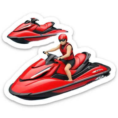 jet ski (red black and white all in the same amount. maybe a red a bit more dominant) on the sea. show the sea under the jet ski - blue with turquoise. no sky - white background instead. DO NOT REMOVE THE SEA AND THE WHITE WHEN FINALIZING!  NO ONE ON THE JET SKI  sticker