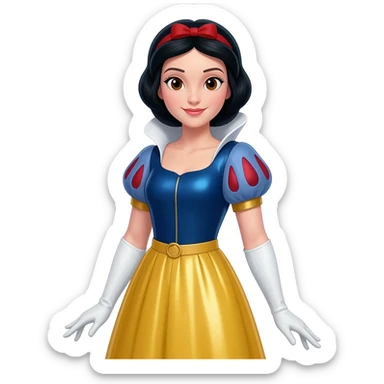 Snow White from Disney Princess with brown eyes, black hair, dark blue metallic illusion crop top, yellow obi belt, yellow metallic long skirt, white over elbow gloves sticker